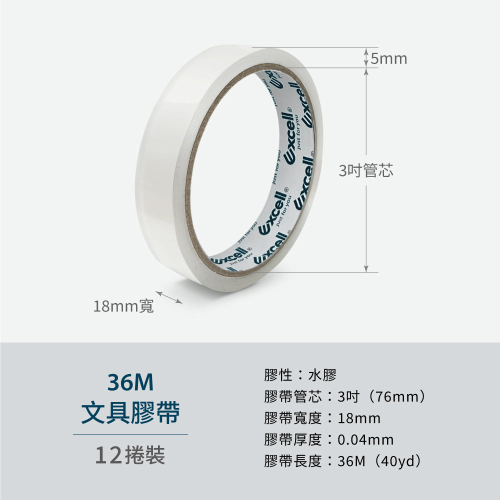 36M超黏透明文具膠帶(12捲),產品特色,水膠,3吋18mm寬,0.04mm厚度,36M長度