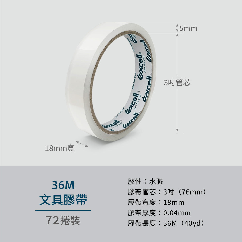 【Excell 臺灣非常】 高品質封箱工具 |  36M超黏透明文具膠帶(72捲)，產品特色，水膠，3吋18mm寬，0.04mm厚度，36M長度