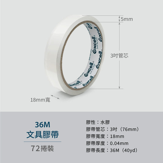 【Excell 臺灣非常】 高品質封箱工具 |  36M超黏透明文具膠帶(72捲)，產品特色，水膠，3吋18mm寬，0.04mm厚度，36M長度