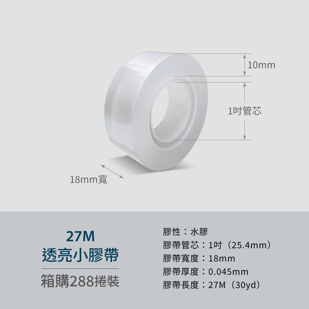 【Excell 臺灣非常】 高品質封箱工具 |  27M透亮小膠帶(288捲) ，水膠、1吋膠帶管芯、18mm膠帶寬度、0.045膠帶厚度、27M(30yd)膠帶長度
